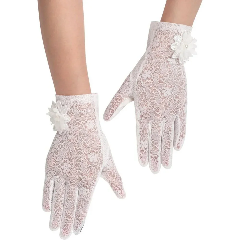 Women's Floral White Short Lace Gloves Wedding Halloween Cosplay Party Prom